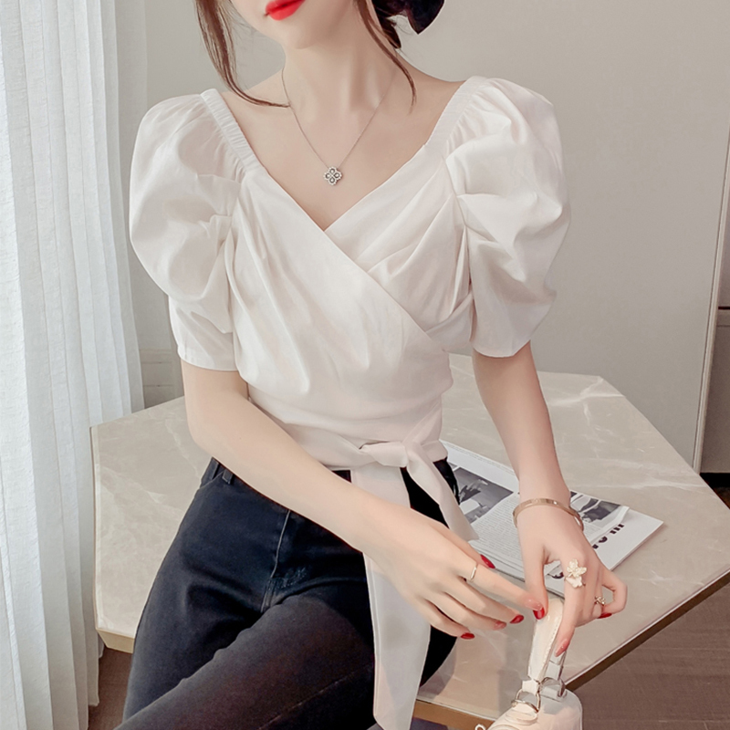 2025 New Style Shirt with Low V-Neck, Short Sleeves, Summer Women's Chiffon Shirt, Short Style with Tie Design, Unique Top