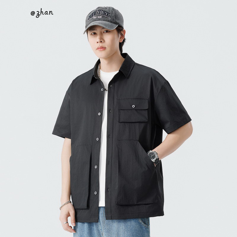 Retro Trendy Brand Workwear Short-Sleeved Shirt with Large Pockets and Multiple Pockets for Men, Casual Loose Oversized Shirt