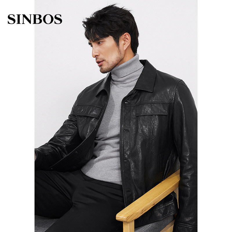 SINBOS Genuine Leather Clothing Male short section Overturned Collar Jacket Spring Autumn New Mountain Goat Leather Thin Overalls Leisure Jacket Tide