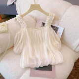 Милая шифоновая рубашка, кукла, французский стиль, открытые плечи, эффект подтяжки