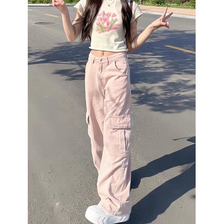 American High Street Style Pink Workwear Jeans for Women, New Autumn and Winter Style, Petite, Lazy, Loose, Straight-Leg, Casual Wide-Leg Pants