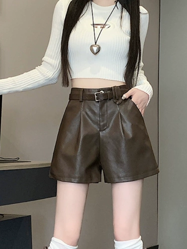 Полиуретановые шорты, осенние штаны, повседневные брюки, сапоги, высокая талия, А-силуэт, свободный прямой крой, в корейском стиле
