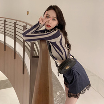 Liu Sansan slim short striped semi-high collar pullover sweater women long sleeve bottoming tight thin sweater autumn