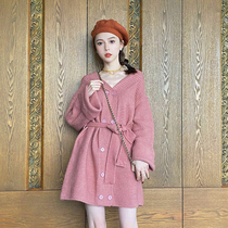 Liu Sansan autumn and winter new pink sweet one piece sweater strap waist dress women long sleeve V collar skirt