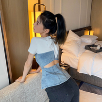 2021 summer new small shirt foreign style denim stitching hollow top waist slim women short sleeve T-shirt base shirt Women