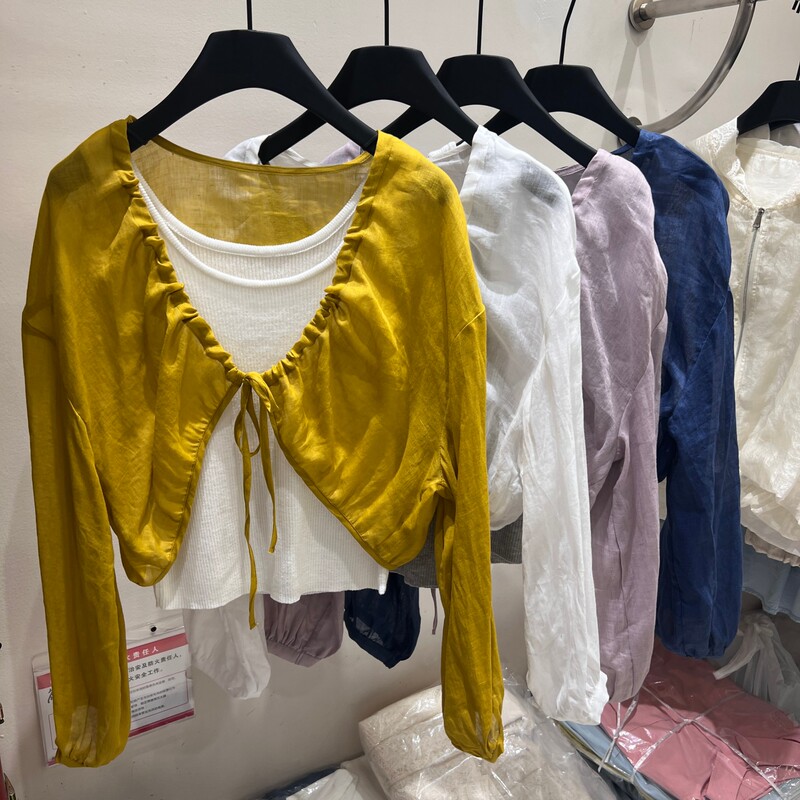 European-Style Ramie Drawstring Tie Sun Protection Clothing + Vest Women's Two-Piece Set Spring/Summer 2026 New Long-Sleeve Shirt Top