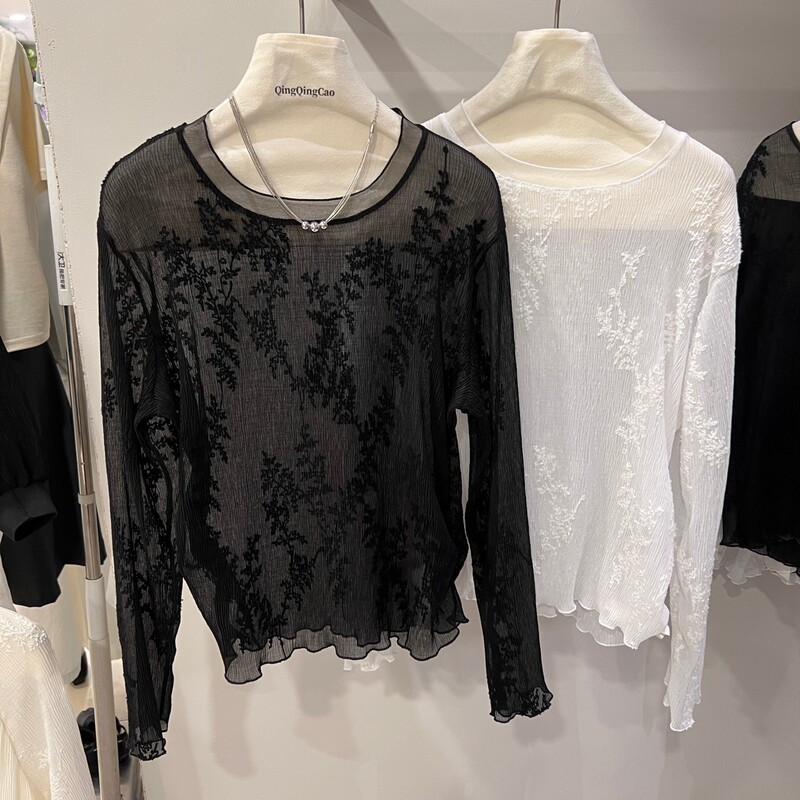 European-Style Black Lace Embroidered Sun Protection Long-Sleeve Shirt for Women, Summer 2026 New Model, Sheer Thin T-Shirt Top