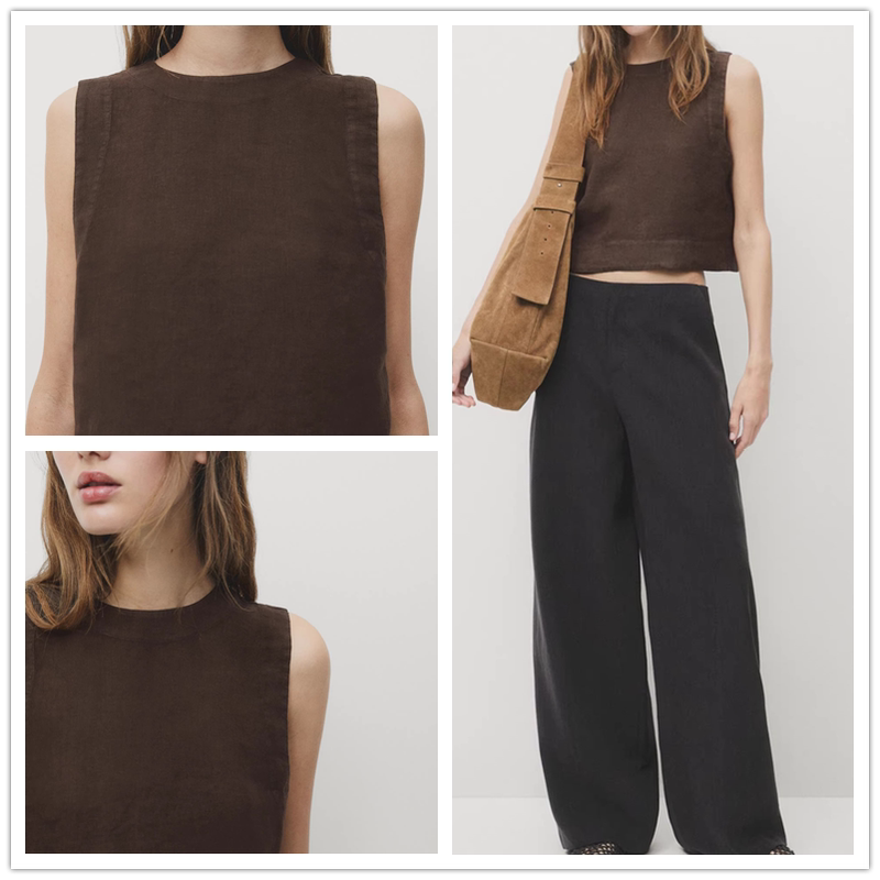 Spanish Summer New Style Melange Color Minimalist Casual Brown Linen Cotton Sleeveless Shirt Short Top