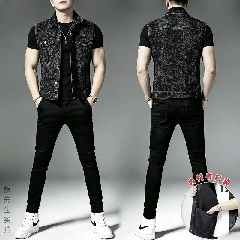 Denim Vest Men's Casual Retro Ripped Denim Top Sleeveless Versatile Trendy Denim Vest Complete Set