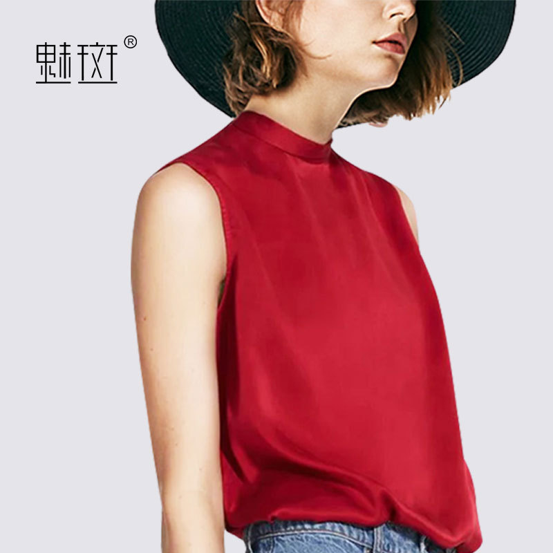 Charming Design Women's Niche Tops, Women's Clothing, Light and Mature Sleeveless Stand-Up Collar Pullover Silk Shirt, Red Vest Shirt