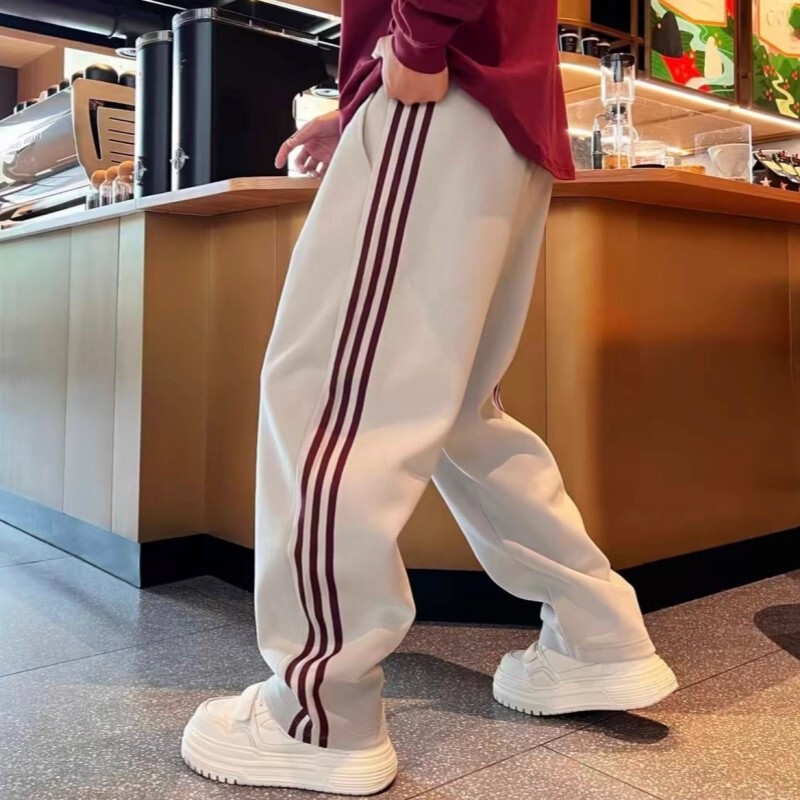 Kuraishi Kazuki Trendy Brand Color-Block Striped Straight-Leg Casual Pants for Men, Spring and Autumn Fashion Versatile Loose Wide-Leg Sports Pants