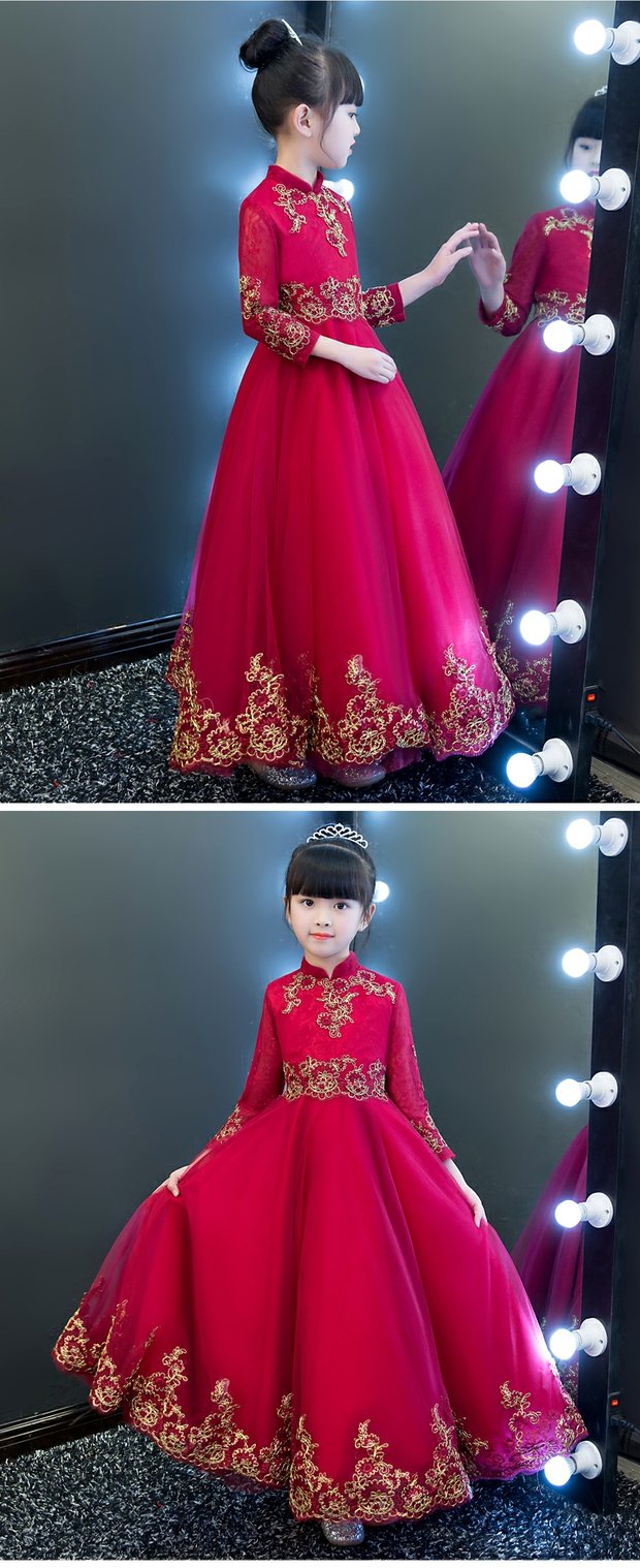 Cô gái phong cách Trung Quốc đám cưới fluffy mùa thu trẻ em sinh nhật buổi tối váy công chúa váy hoa cô gái trang phục piano trang phục biểu diễn cho bé