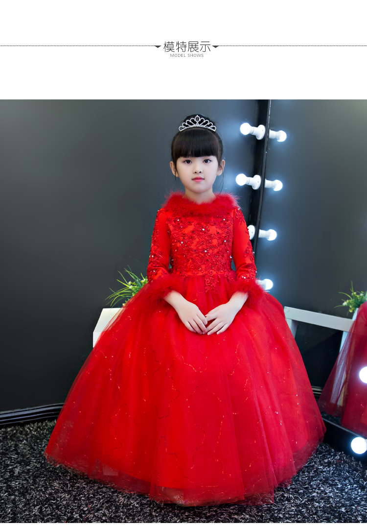 Váy hoa công chúa váy cô gái lông mịn gạc dạ hội váy trẻ em váy cưới đỏ tay dài mùa đông trang phục đồ vest bé trai