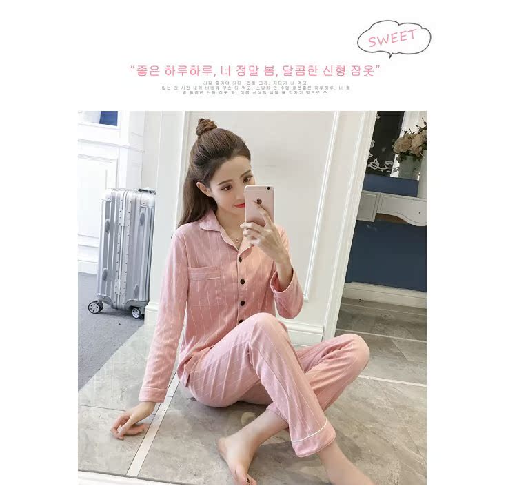 Phiên bản Hàn Quốc của những bộ đồ ngủ nữ nhỏ vừa vặn với bộ đồ cotton dài tay hai mảnh phiên bản Hàn Quốc cộng với phân bón XL béo mm180 kg đồ bộ quần ống rộng mặc nhà
