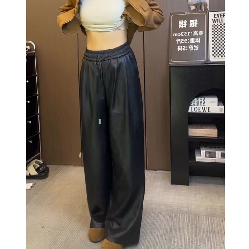 Fleece-Lined Black Leather Pants Casual Pants for Women Spring and Autumn Trendy Elastic Waist Slimming Versatile Pu Leather Straight Wide-Leg Pants Trendy Fleece-Lined Black Leather Pants Casual Pants for Women Spring and Autumn Trendy Elastic Waist Slimming Versatile Pu Leather Straight Wide-Leg Pants Trendy