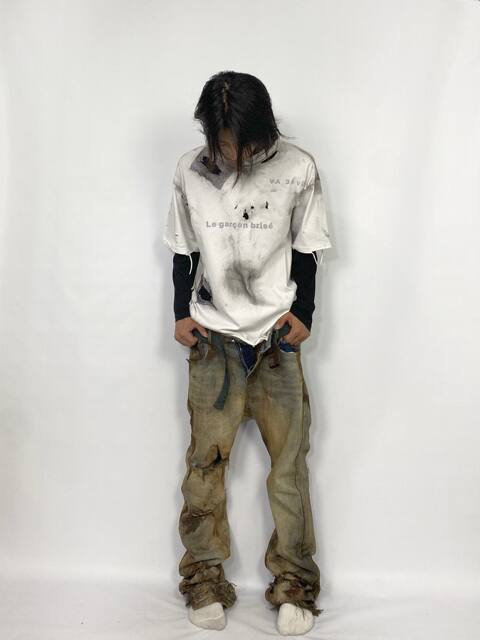 Vajavu 3% Original Niche Avant-Garde Distressed Color-Washed Ripped Deconstructed Burnt Short-Sleeve Dirty Fit