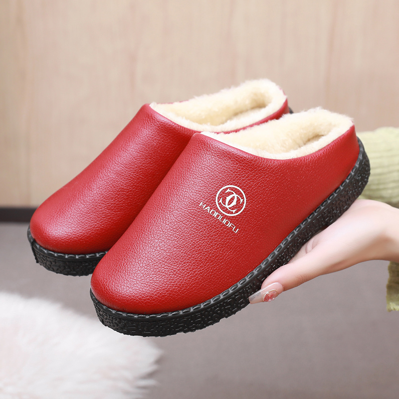 Women's Waterproof Cotton Slippers, Winter Home Thick-Soled Non-Slip Cotton Slippers, Men's and Women's Indoor Warm Cotton Slippers, New Leather Surface
