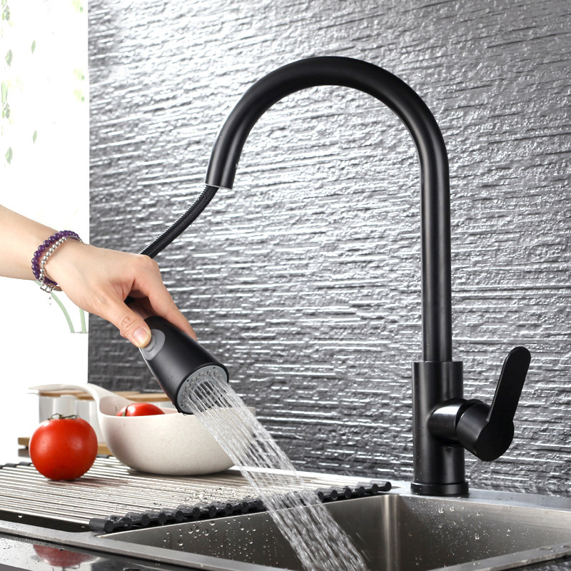 304 stainless steel kitchen black pull-out stretch hot and cold water tap sink washbasin telescopic tap-Taobao