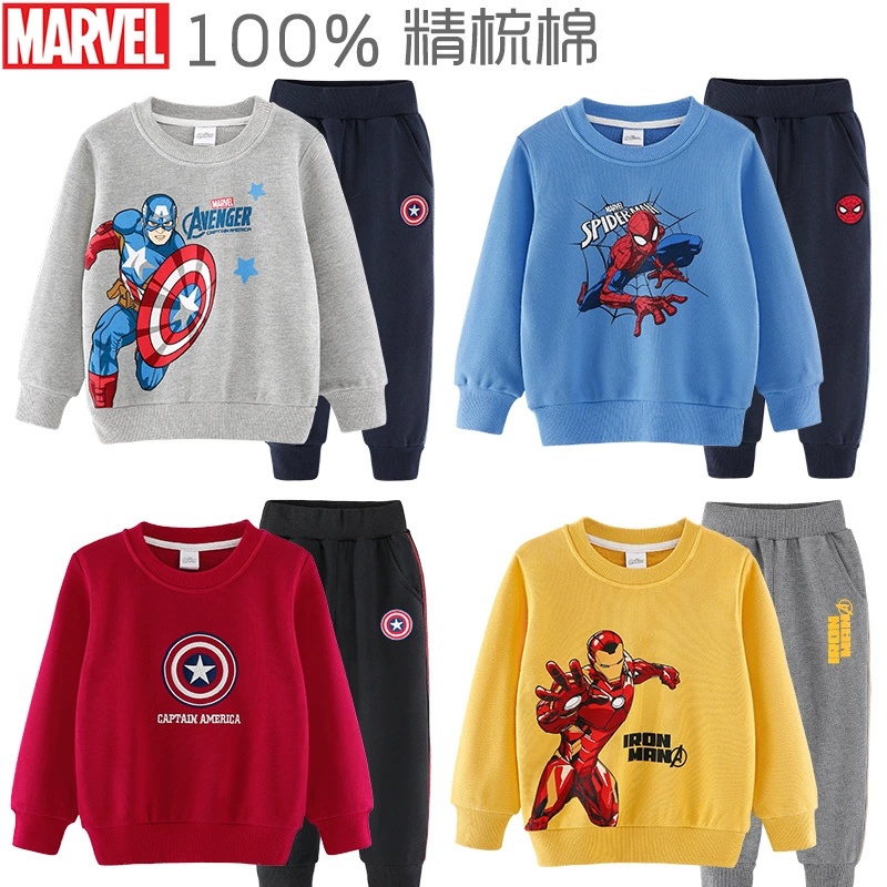 Bộ áo len cho bé trai Iron Man mùa xuân và mùa thu Captain America Spider-Man dành cho trẻ em nam Quần thể thao Marvel - Phù hợp với trẻ em