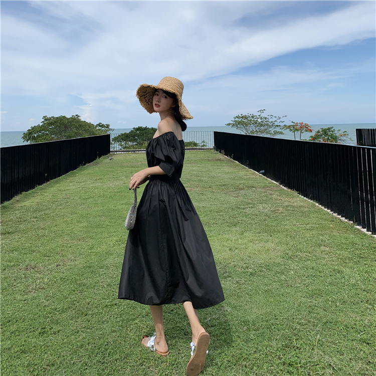 VK旗艦店 韓國風一字領時尚簡約短袖洋裝