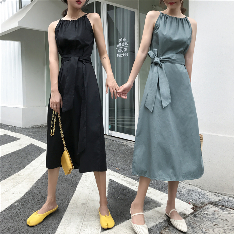 VK旗艦店 韓國風時尚掛脖收腰削肩無袖洋裝