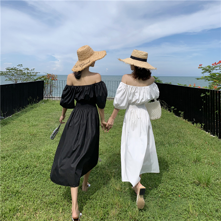 VK旗艦店 韓國風一字領時尚簡約短袖洋裝