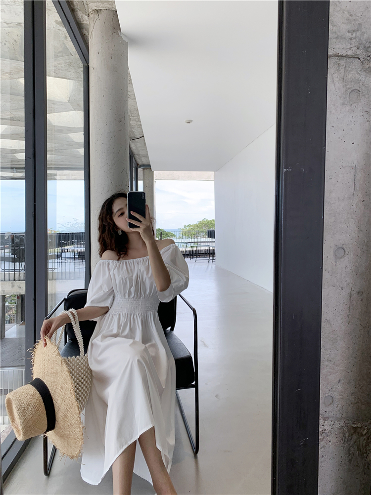 VK旗艦店 韓國風一字領時尚簡約短袖洋裝