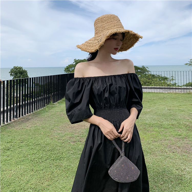 VK旗艦店 韓國風一字領時尚簡約短袖洋裝