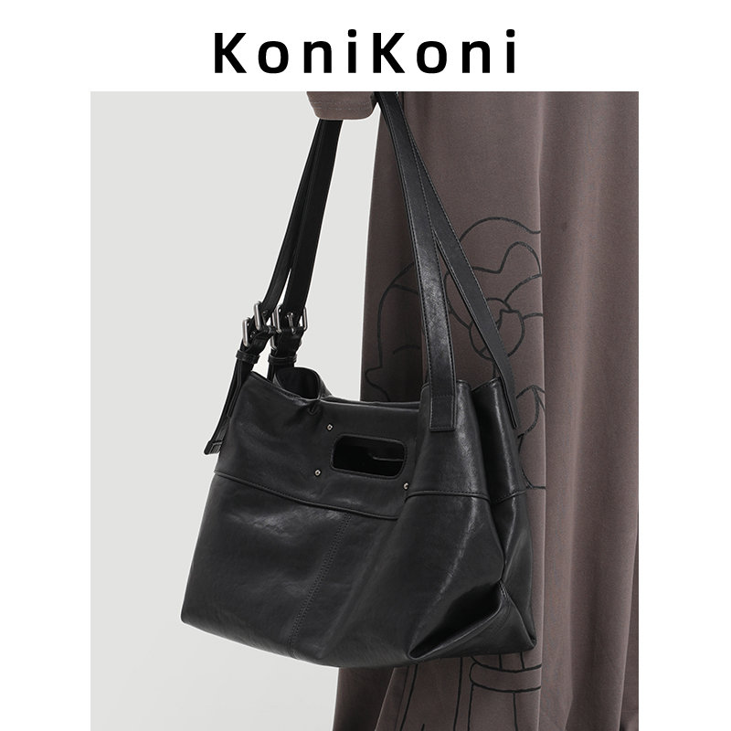 Konikoni Genuine Leather Black Large-Capacity Tote Bag for Women 2026 New High-End Commuter Shoulder Bag Crossbody Large Bag