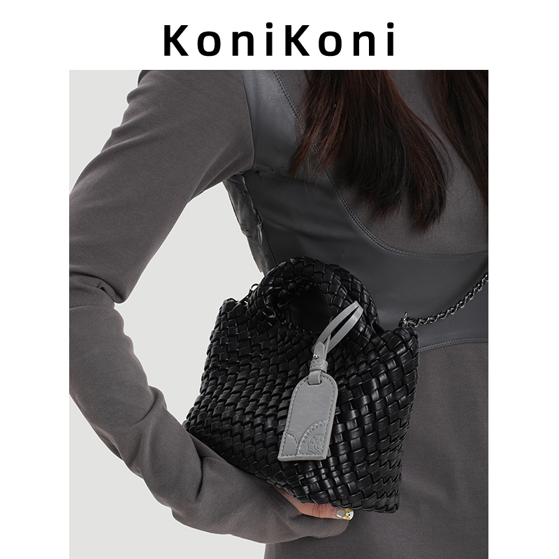 Konikoni Genuine Leather Niche Woven Bag for Women 2026 New Style Hand-Held Basket Bag Bucket Bag Chain Crossbody Small Bag Konikoni Genuine Leather Niche Woven Bag for Women 2026 New Style Hand-Held Basket Bag Bucket Bag Chain Crossbody Small Bag