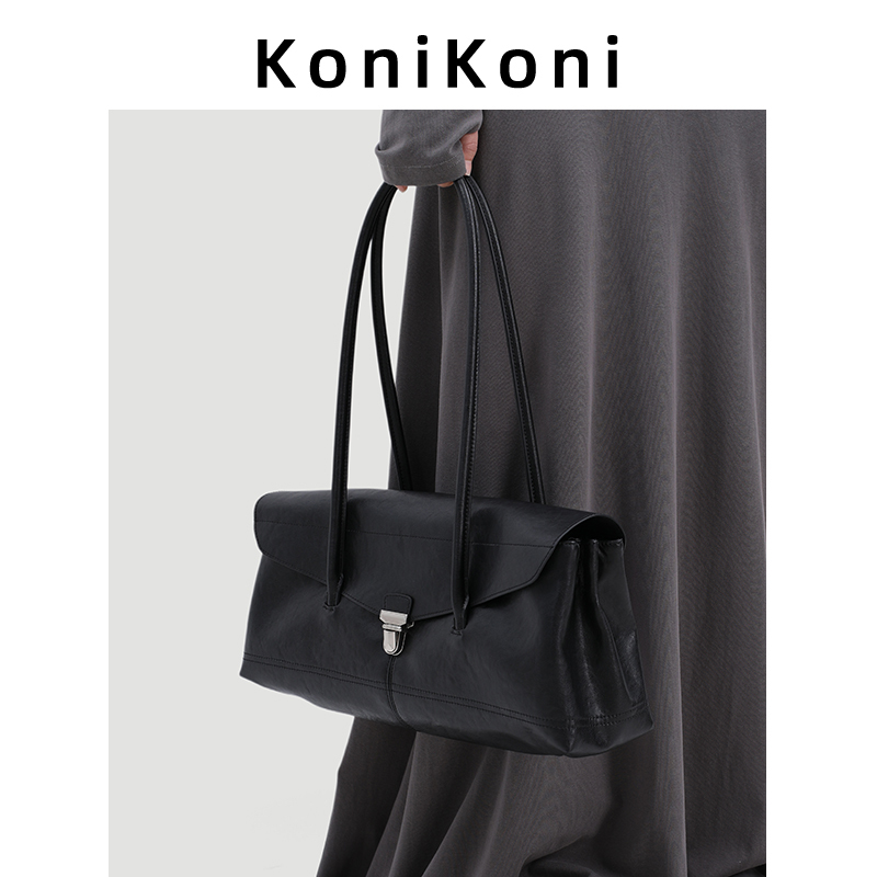 Konikoni Genuine Leather Black Underarm Bag for Women 2026 New High-End Boston Bowling Bag Versatile Shoulder Bag Konikoni Genuine Leather Black Underarm Bag for Women 2026 New High-End Boston Bowling Bag Versatile Shoulder Bag