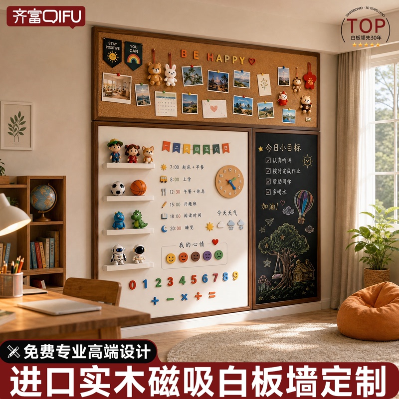 Qifu Solid Wood Magnetic Three-In-One Wall Panel Cork Photo Wall Whiteboard Blackboard Integrated Children's Home Teaching Erasable Writing Graffiti Board Magnetic Display Board Wall Panel Memo Reminder Board