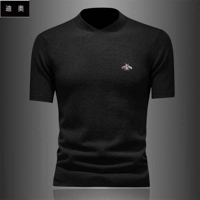 Dior's New Spring Knitted Short-Sleeved T-Shirt for Men, Trendy Embroidered V-Neck Top for Young and Middle-Aged People, Half-Sleeved Wool T-Shirt