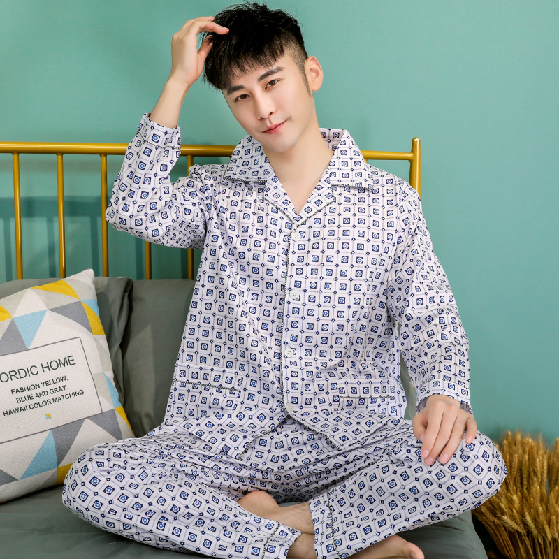 Bộ đồ ngủ mens dài tay bông cotton vào mùa xuân và mùa thu mens đồ ngủ cotton kiểu mỏng màu xanh lá cây giữa mùa hè quần áo nhà thiết.