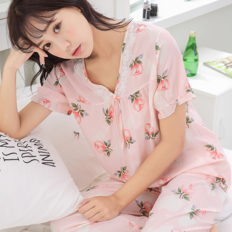 Mùa xuân và mùa hè nữ đồ ngủ cotton nhân tạo cotton ngắn tay quần mỏng phim hoạt hình đồ ngủ hai mảnh phù hợp với dịch vụ nhà phụ nữ