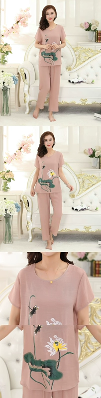 Trung niên và người già mùa hè đồ ngủ cotton lụa ngắn tay phù hợp với XL cotton và linen mỏng mẹ có thể mặc đồ ngủ