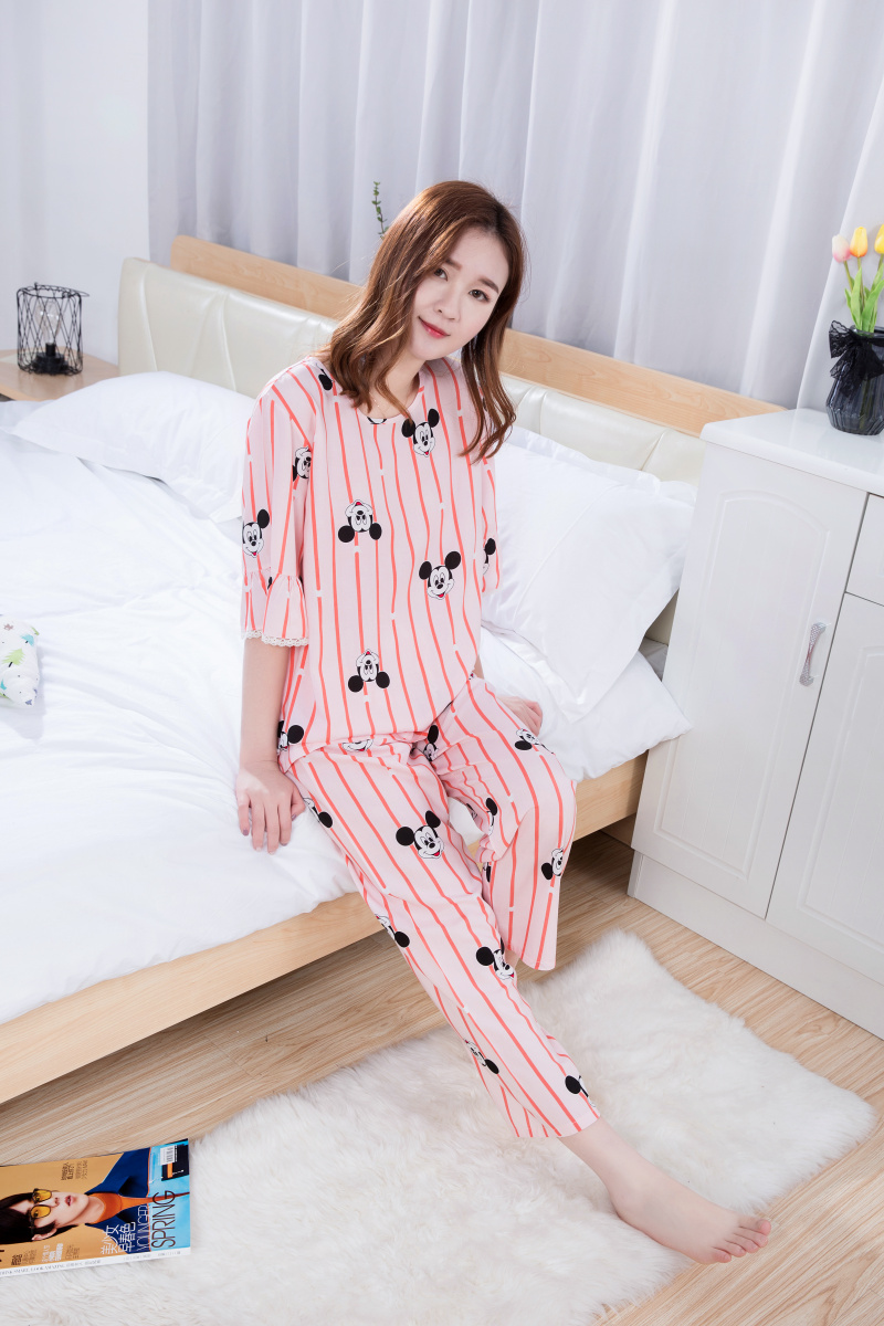 Mùa xuân và mùa hè nữ đồ ngủ cotton nhân tạo cotton ngắn tay quần mỏng phim hoạt hình đồ ngủ hai mảnh phù hợp với dịch vụ nhà phụ nữ