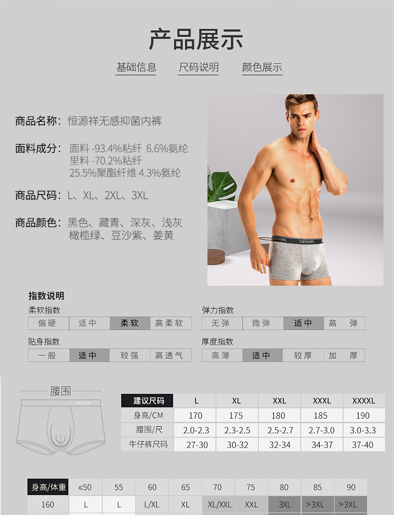 恒源祥 男士莫代尔混纺 透气抗菌平角内裤 4条 图8