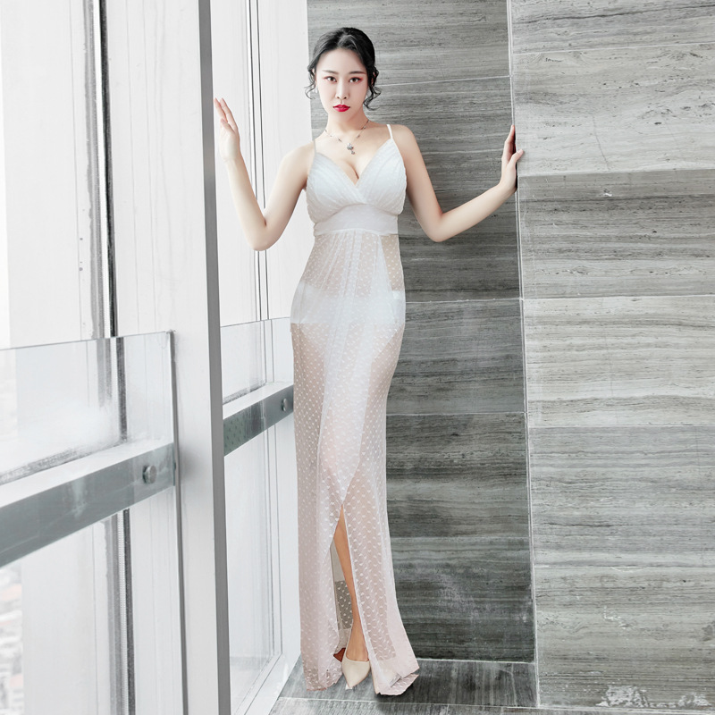 2021 New Style Evening Dress, Feminine and Elegant, Spaghetti Strap Dress, See-Through White Mesh Floral Long Dress for Ladies