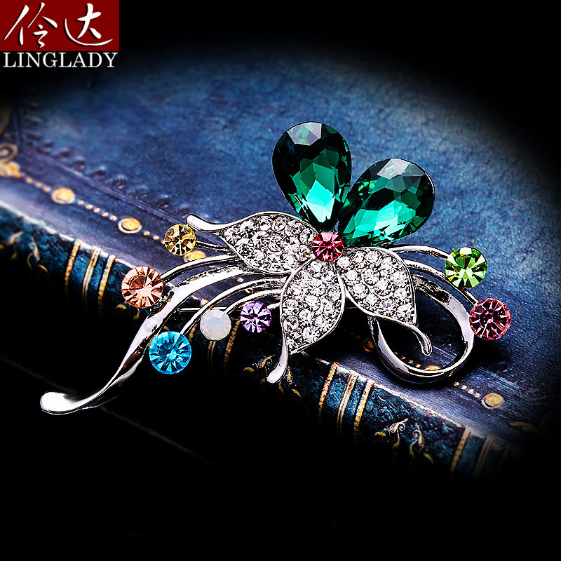 Lingda Ornament New Korean Version Ink Green Imitation Crystal Flower Brooch Female Flow Line Chest Flower Pin accessories Accessories Temperament
