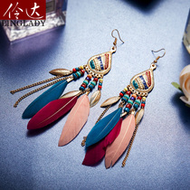 Retro colored earrings female temperament Korean National style feather earrings personality Tide people exaggerated European and American ear jewelry