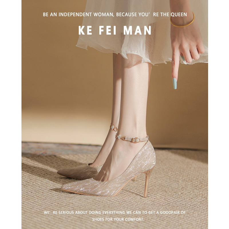 【Kefiman】Chain High Heels for Women 2026 New Spring and Autumn Sequin Pointed Toe Stiletto Bridal Wedding Shoes Champagne Color