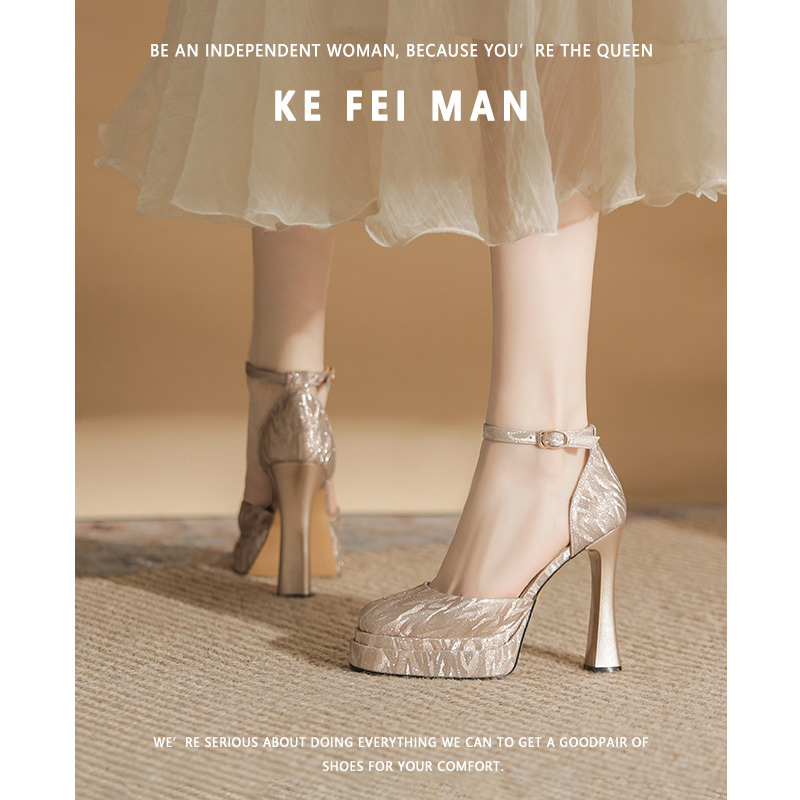 【Kefiman】One-Strap Waterproof Platform High Heels, Comfortable for Feet, Women's Chunky Heel 12cm Champagne Color Wedding Shoes for Petite Women 【Kefiman】One-Strap Waterproof Platform High Heels, Comfortable for Feet, Women's Chunky Heel 12cm Champagne Color Wedding Shoes for Petite Women