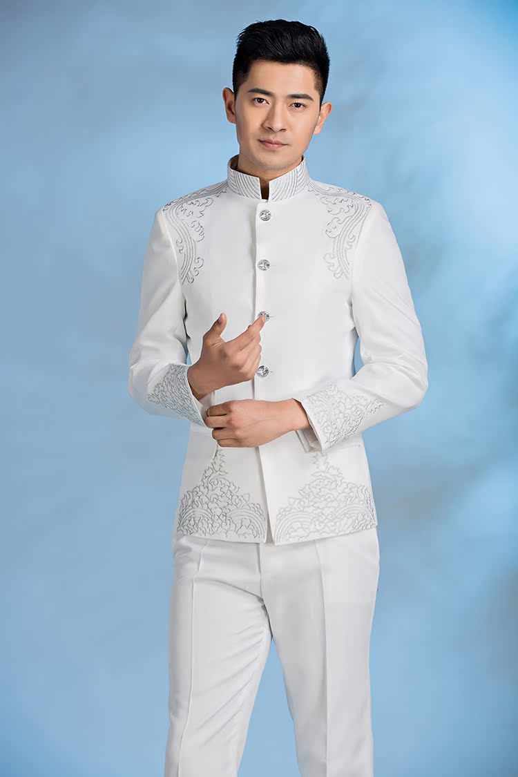 Trang phục hợp xướng nam phong cách Trung Quốc đứng cổ áo thêu biểu diễn quốc phục trang phục chú rể quần kaki nam