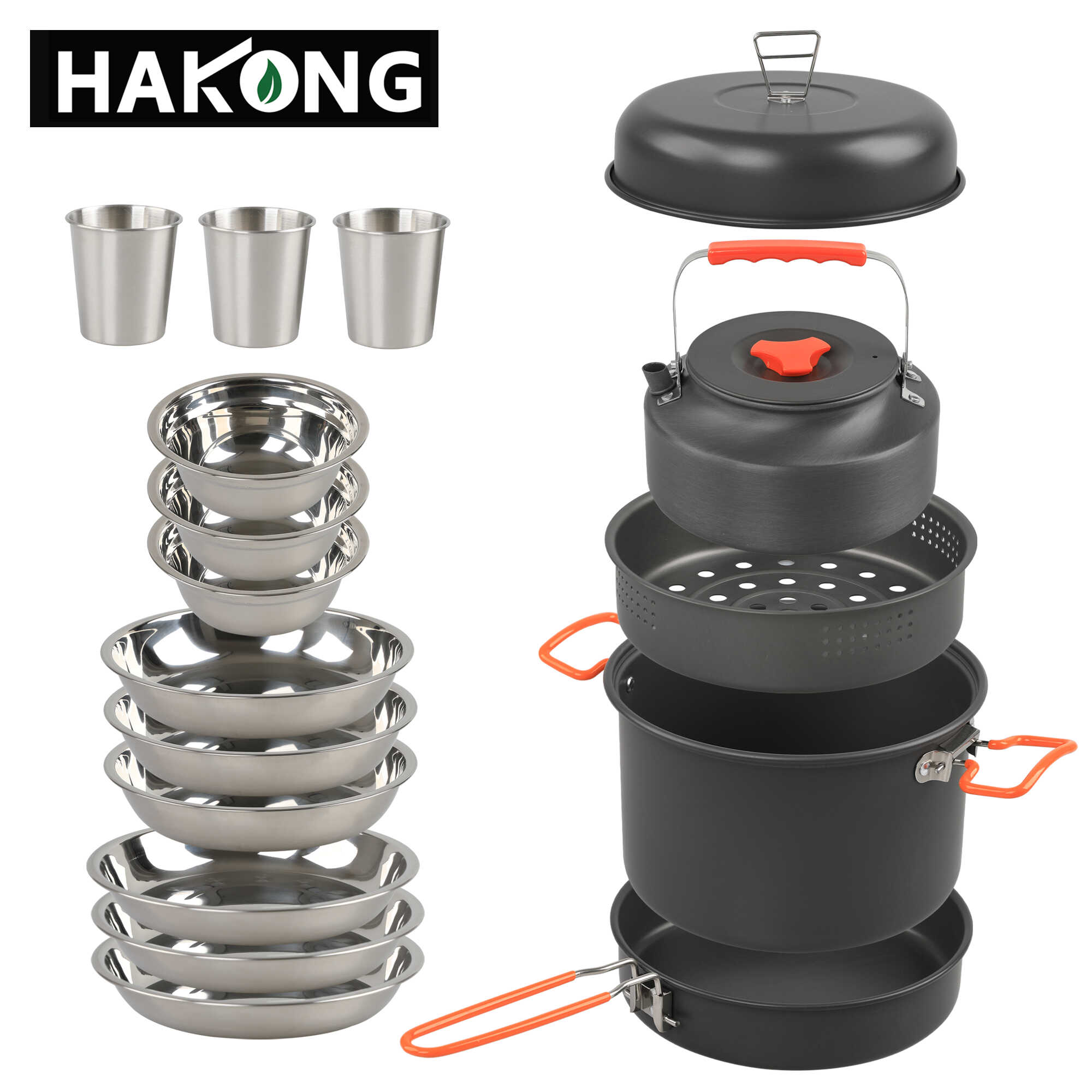 アウトドアキャンプ用調理器具セット（両耳蒸し器、1.6Lケトル、フライパン、ステンレススチールプレート、ステンレススチールカップ＆ボウルの組み合わせ）