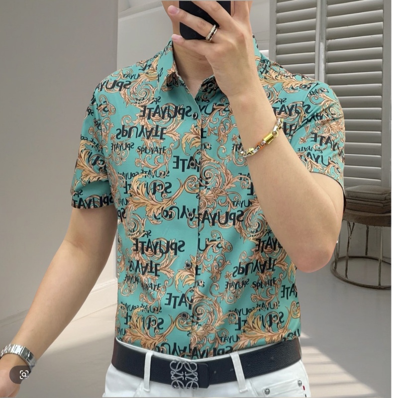 Summer New Men's Ice Silk Wrinkle-Free Floral Lapel Fashion Trendy Short-Sleeved Shirt Handsome Printed Shirt Summer New Men's Ice Silk Wrinkle-Free Floral Lapel Fashion Trendy Short-Sleeved Shirt Handsome Printed Shirt