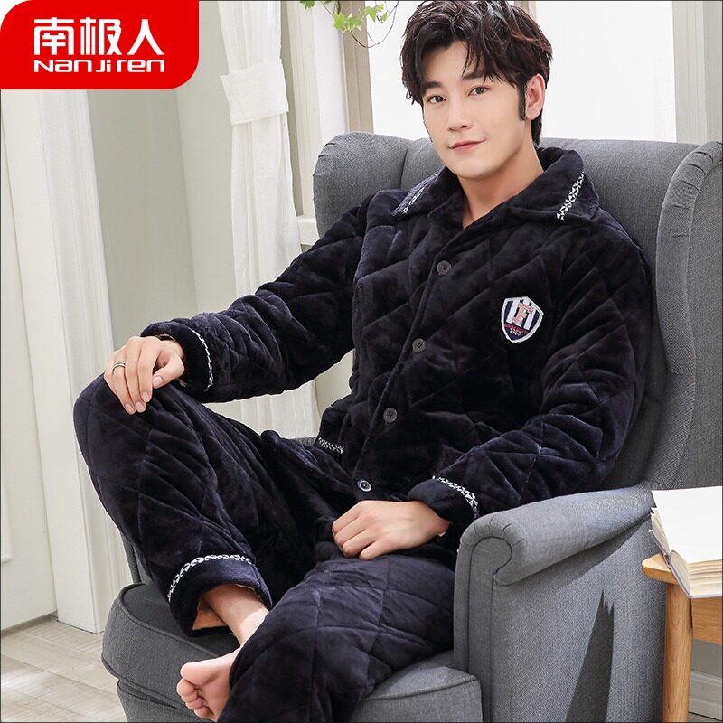 South Pole People's Autumn Winter Sleeping Men's Thickened Three Layers Clip Cotton Middle-aged Dad Coral Fleece home Flannel Flannel