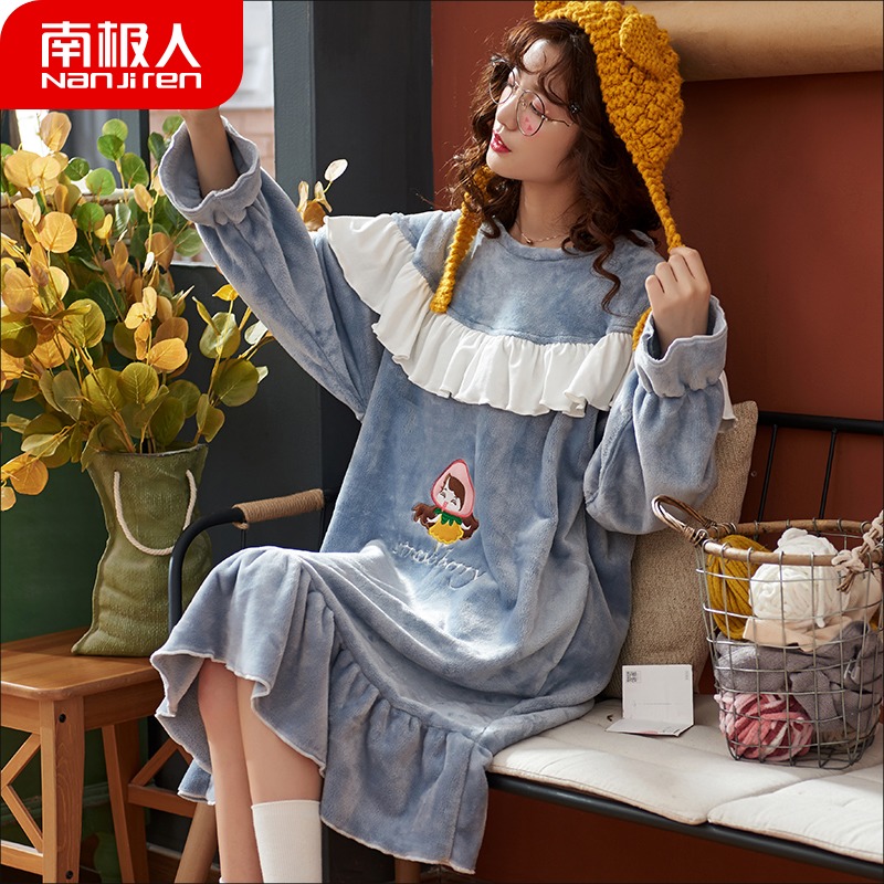 South Pole Sleeping Dress 2021 New Coral Suede Pajamas Woman Autumn Winter Long Version Long Sleeves Warm Flannel Suede Home Clothing