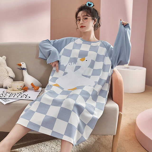 Nanjiren spring and autumn long-sleeved nightgown women’s autumn pajamas pure cotton summer 2024 new home wear large size