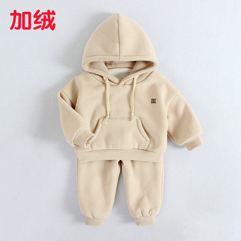 Baby fleece suit 1-3 years old infant clothes foreign style men and women children thickened hooded sweater two-piece set 2 winter